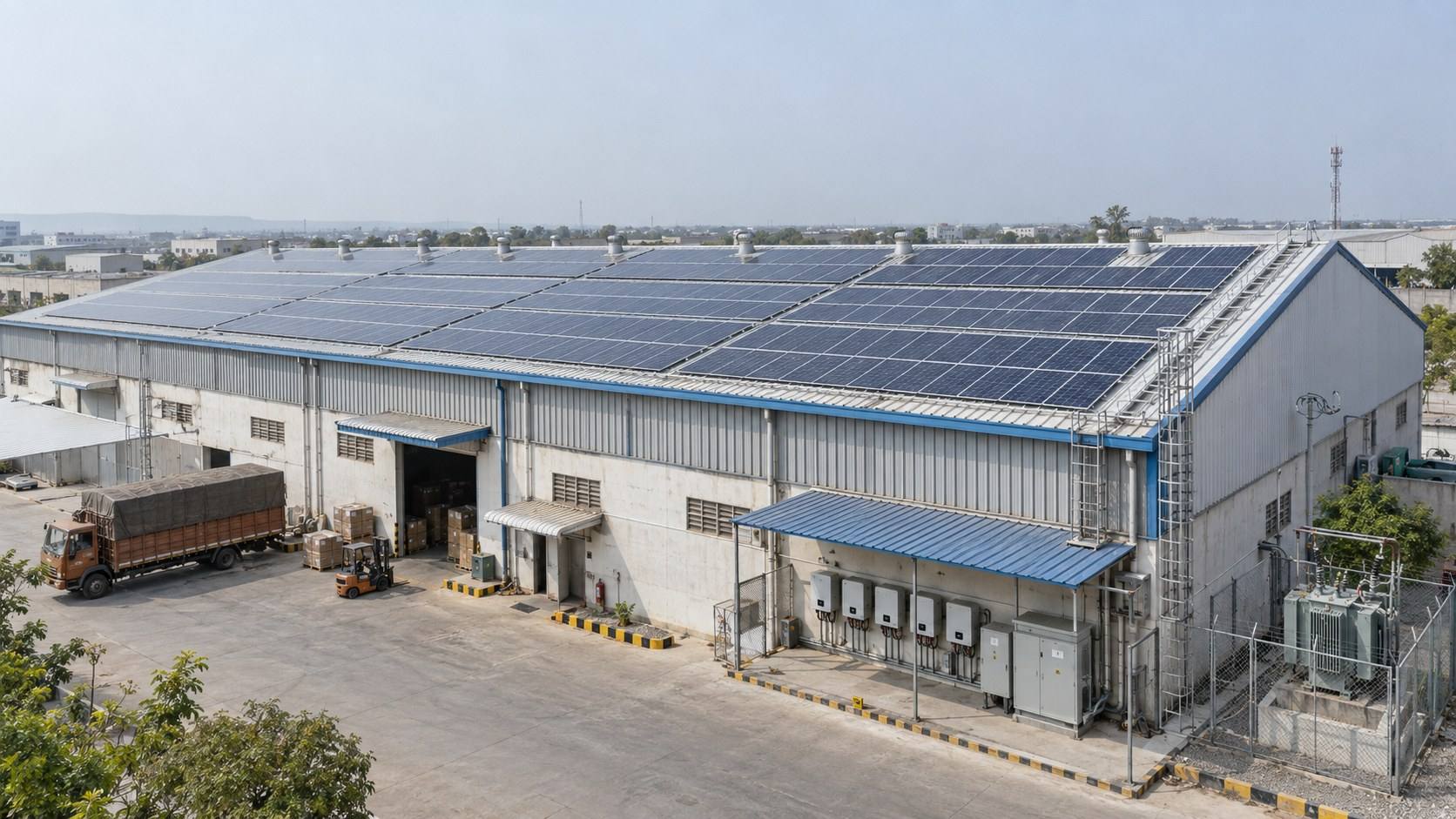Metal-sheet factory roof with inverters and switchgear
