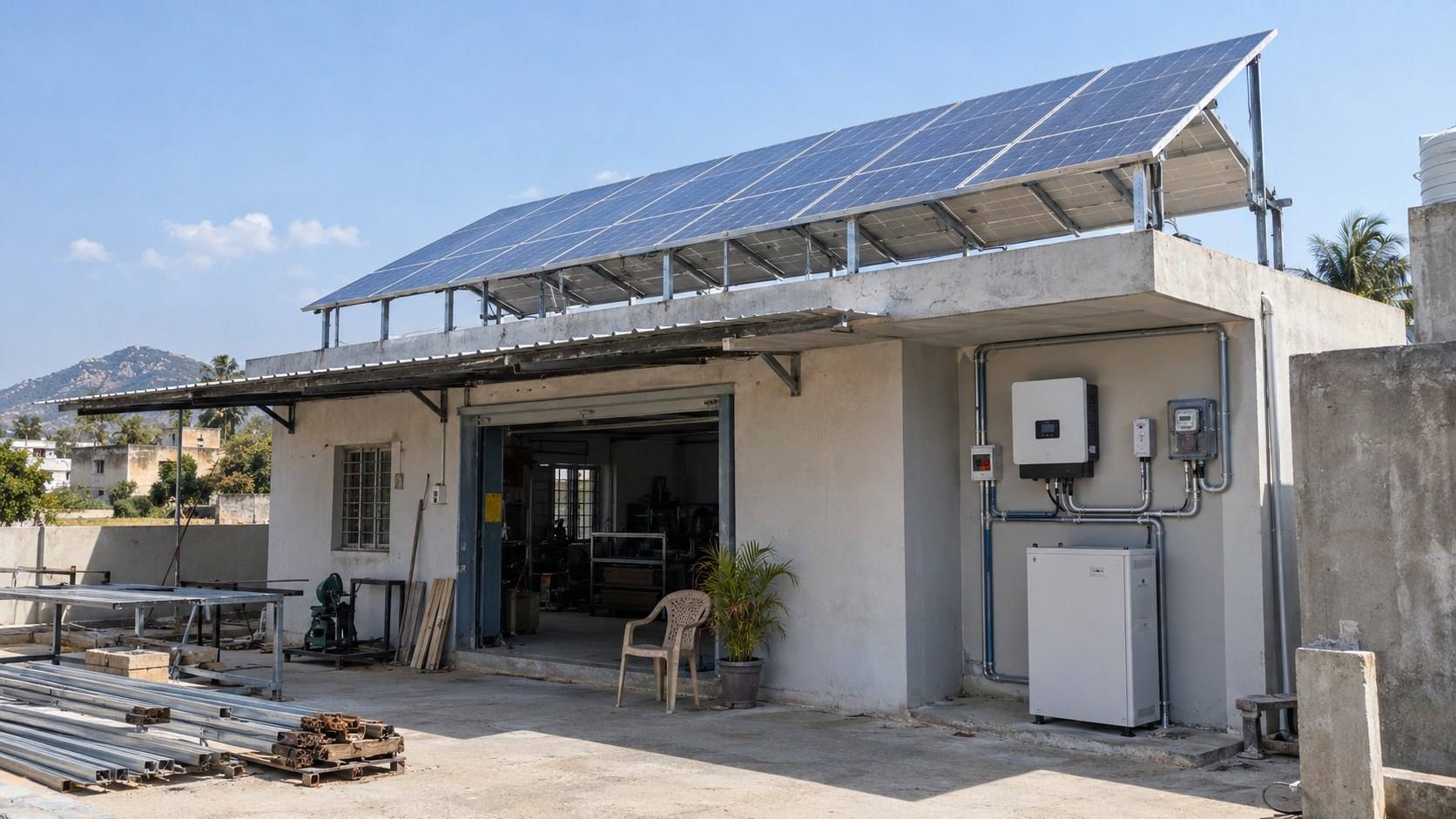 Illustration: a small workshop with rooftop solar, a hybrid inverter and a battery cabinet powering the workshop and the utility meter